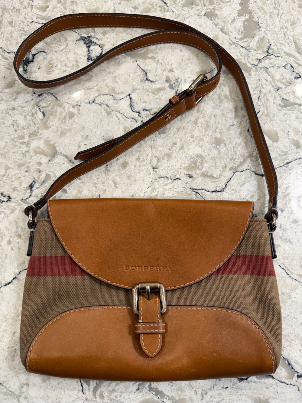 Burberry Henham Canvas Check Leather Small Crossbody Bag Saddle Brown